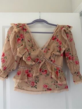 Love Sam Beige Floral Ruffle V-Neck Blouse with Pink Roses